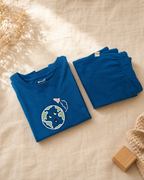 Teal Blue Planet Explorer kids coord set, folded flat lay showing fabric detail