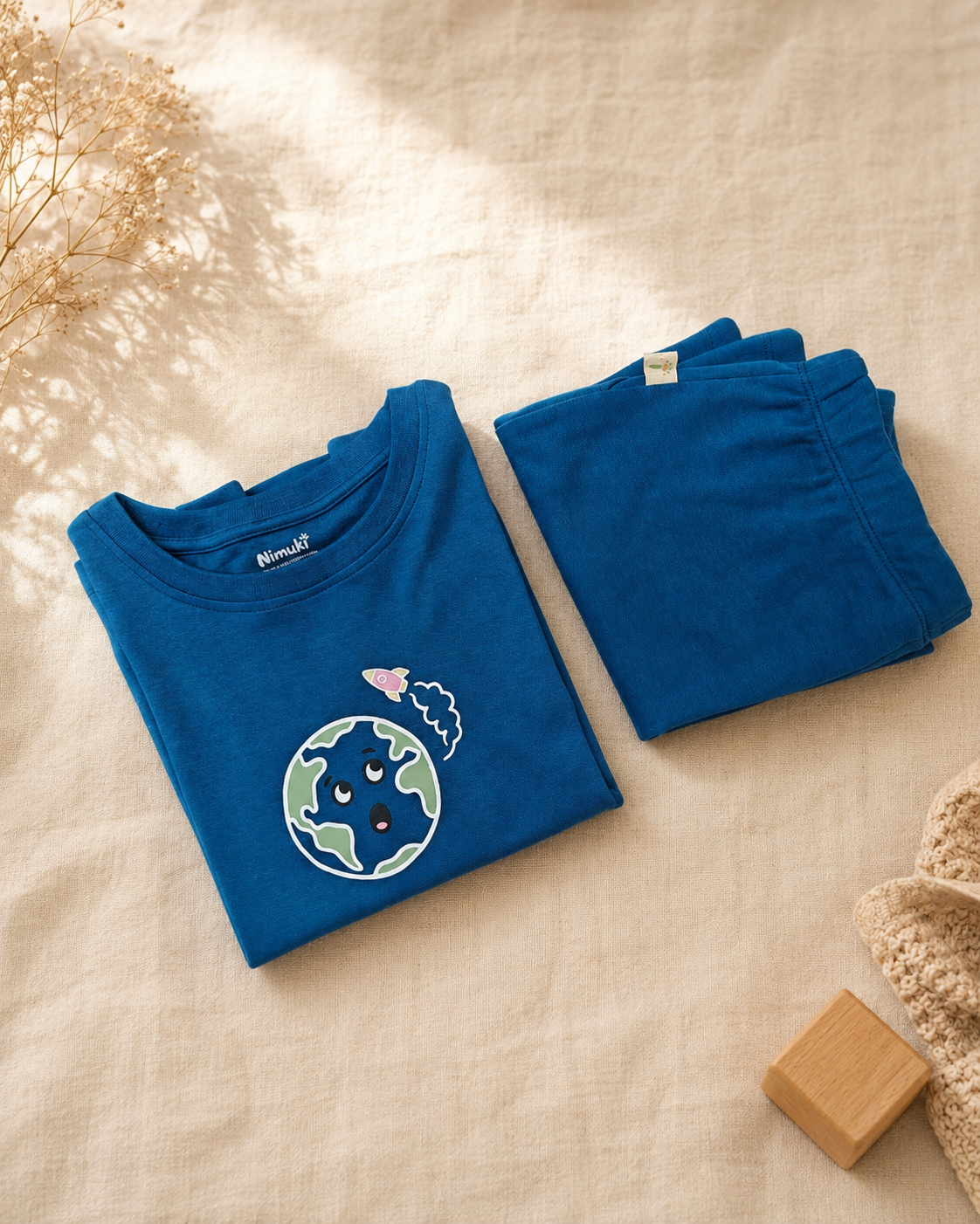 Teal Blue Planet Explorer kids coord set, folded flat lay showing fabric detail