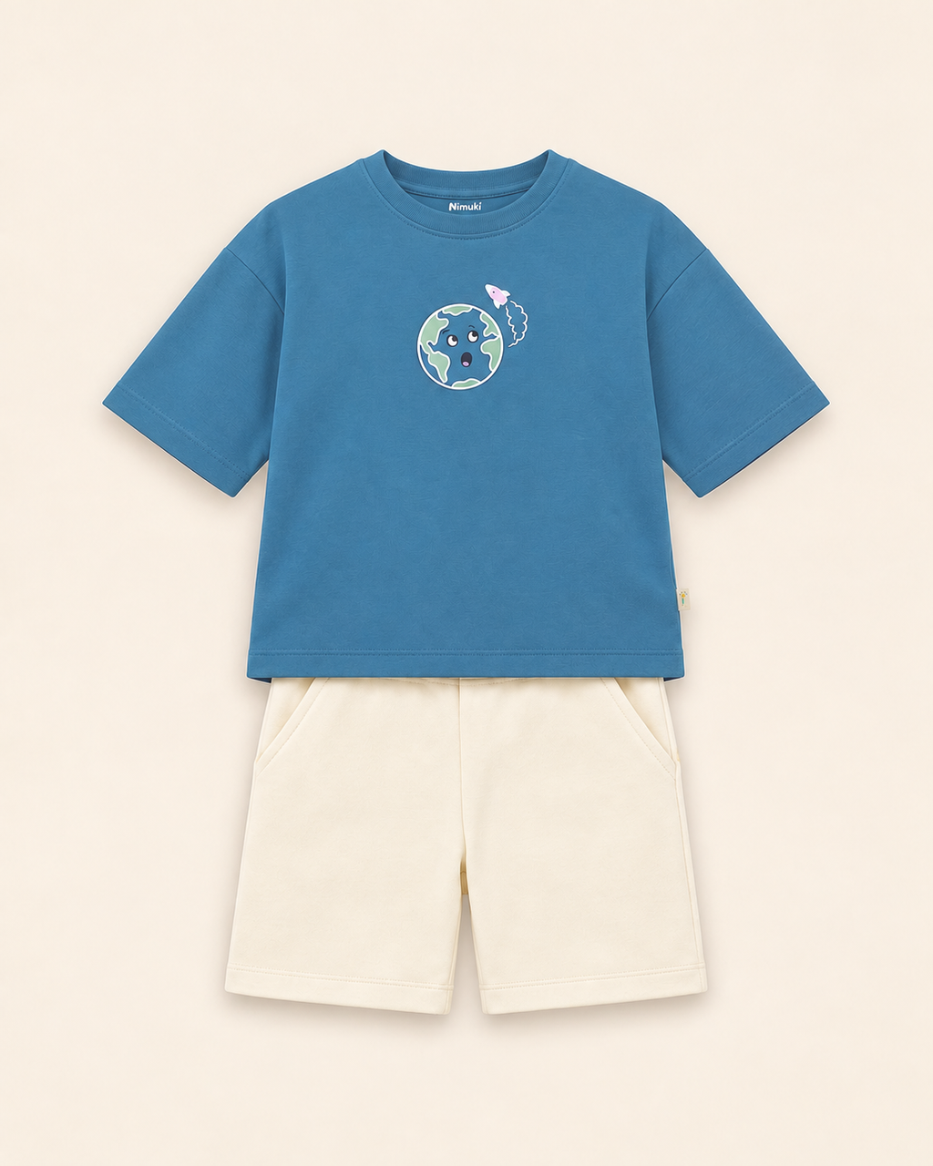 Teal Blue Planet Explorer Kids Coord Set with Cream Shorts — Full coord studio