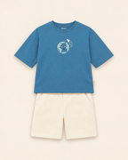 Teal Blue Planet Explorer Kids Coord Set with Cream Shorts — Full coord studio