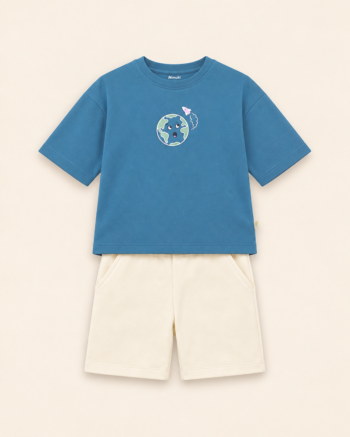 Teal Blue Planet Explorer Kids Coord Set with Cream Shorts — Full coord studio