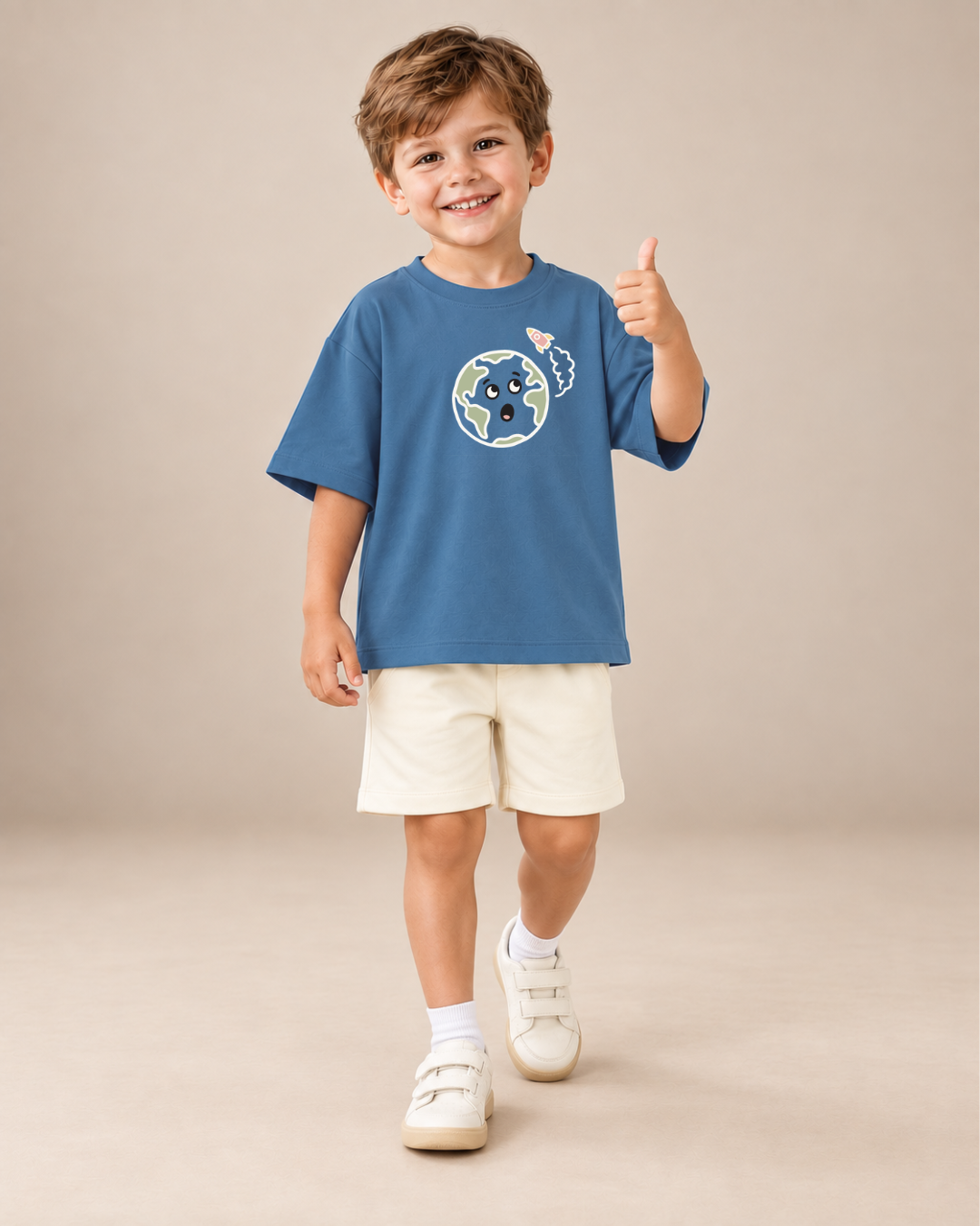 Teal Blue Planet Explorer Kids Coord Set with Cream Shorts — Model shot