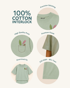 Sage Green Pocket Discovery Kids Coord Set with Sage Green Shorts — Fabric/detail infographic