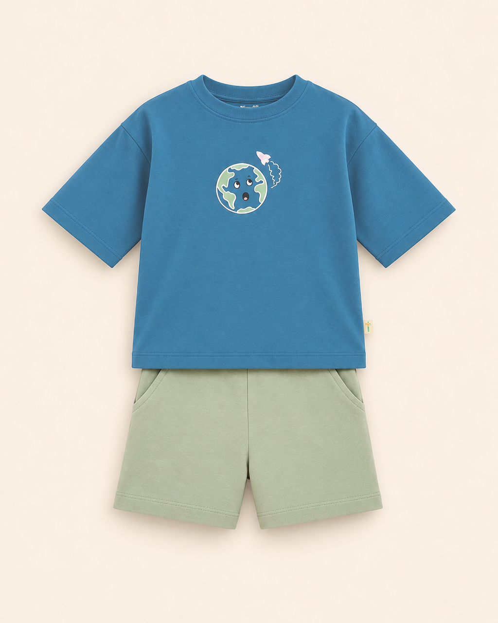 Teal Blue Planet Explorer Kids Coord Set with Sage Green Shorts — Full coord studio