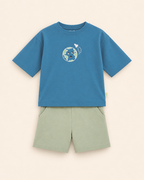 Teal Blue Planet Explorer Kids Coord Set with Sage Green Shorts — Full coord studio