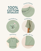 Sage Green Planet Explorer Kids Coord Set with Cream Shorts — Fabric/detail infographic