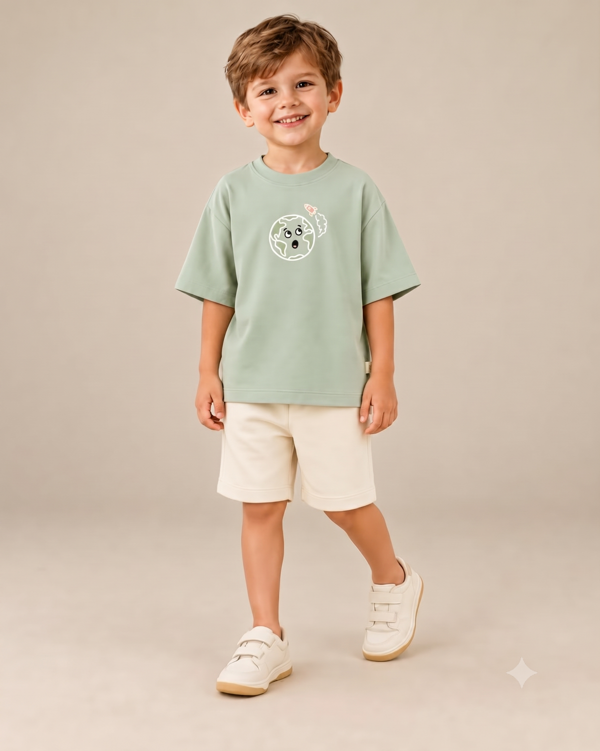 Sage Green Planet Explorer Kids Coord Set with Cream Shorts — Model shot