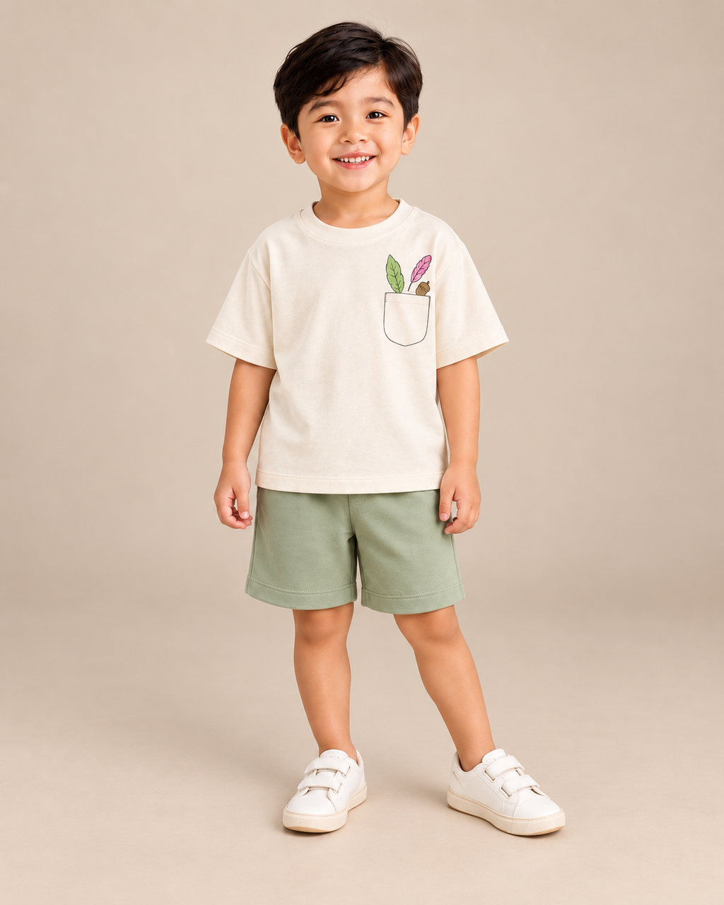 Cream Pocket Discovery Kids Coord Set with Sage Green Shorts — Model shot