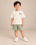 Cream Pocket Discovery Kids Coord Set with Sage Green Shorts — Model shot