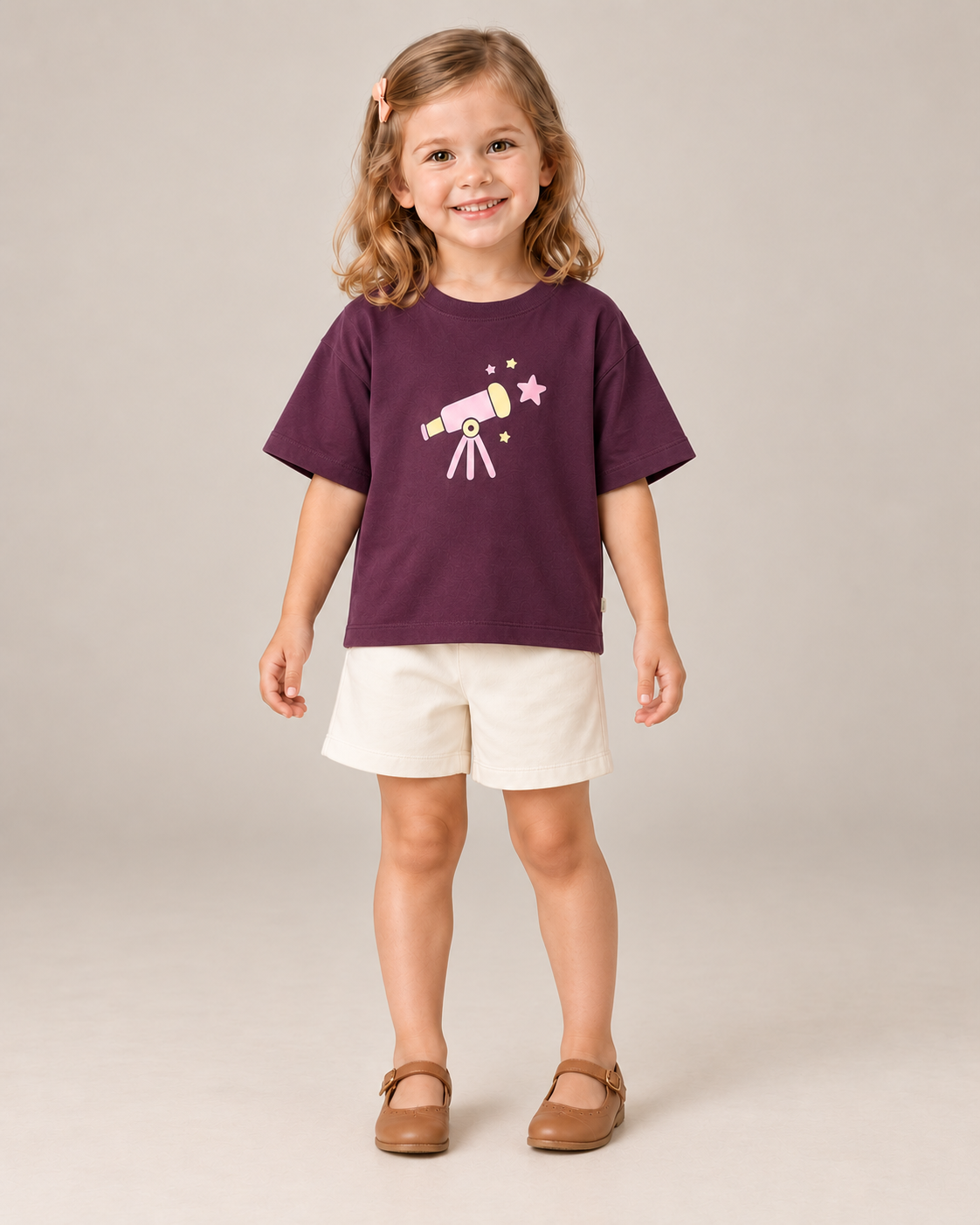 Coffee Brown Stargazer Telescope Kids Coord Set with Cream Shorts — Model shot