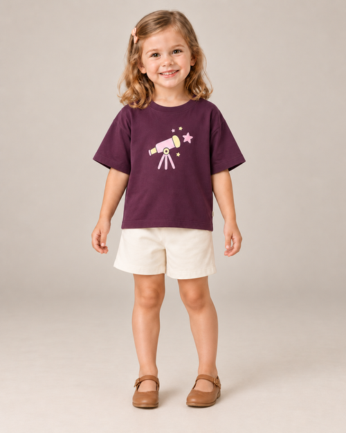 Coffee Brown Stargazer Telescope Kids Coord Set with Cream Shorts — Model shot