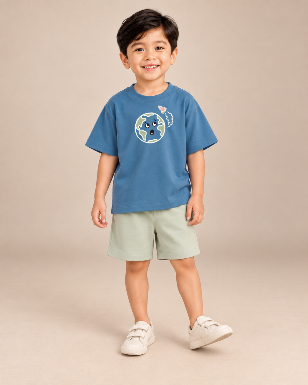 Teal Blue Planet Explorer Kids Coord Set with Sage Green Shorts — Model shot