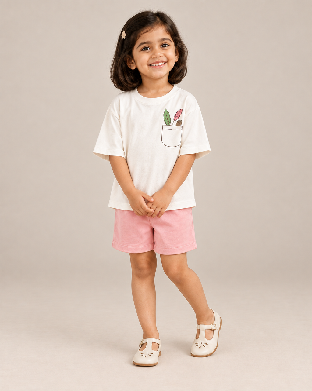 Cream Pocket Discovery Kids Coord Set with Peach Shorts — Model shot