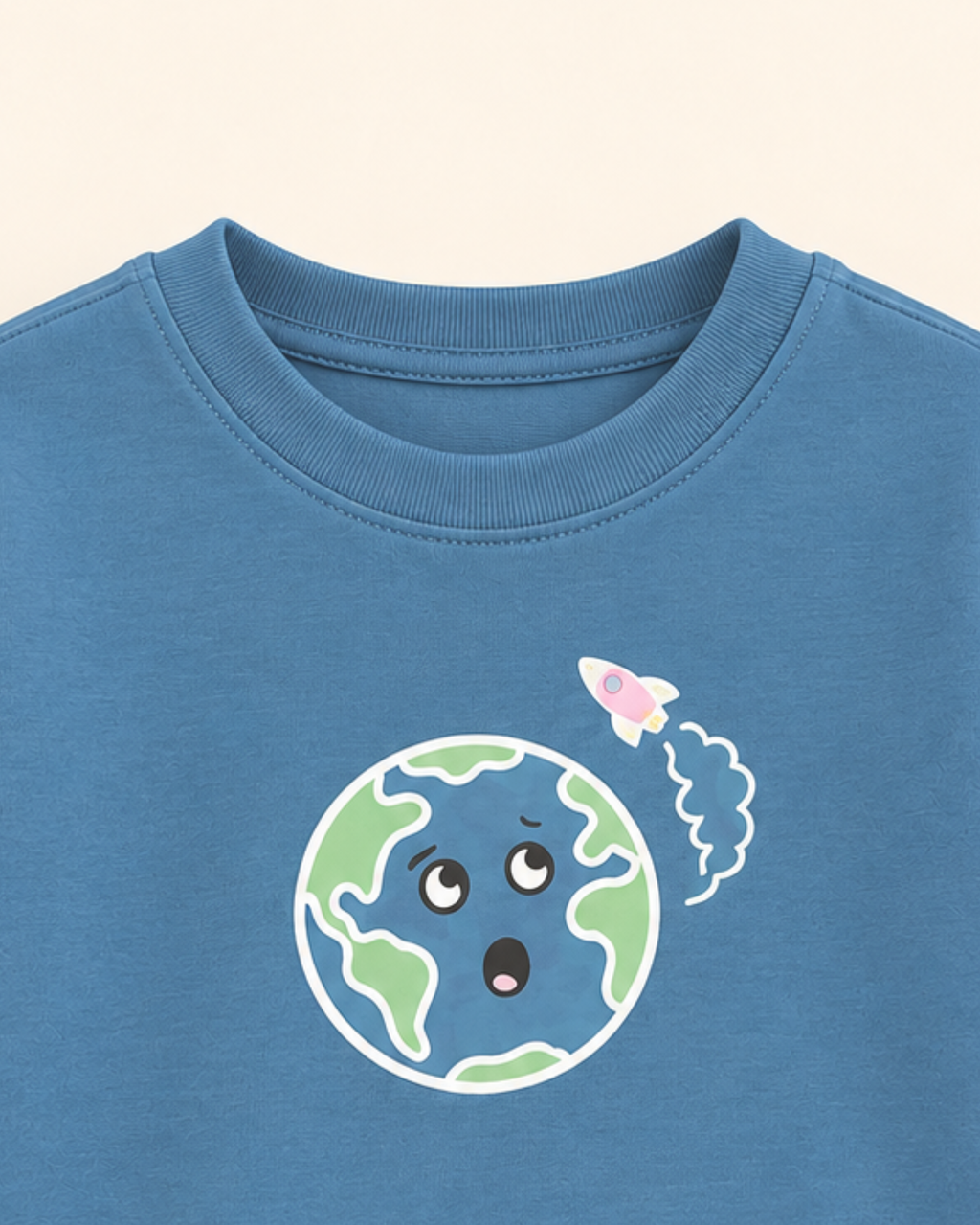 Teal Blue Planet Explorer Kids Coord Set with Cream Shorts — Print detail