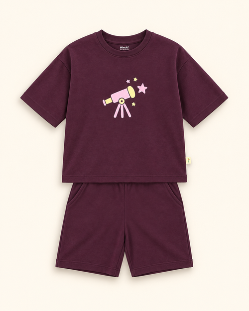 Coffee Brown Stargazer Telescope Kids Coord Set with Coffee Brown Shorts — Full coord studio