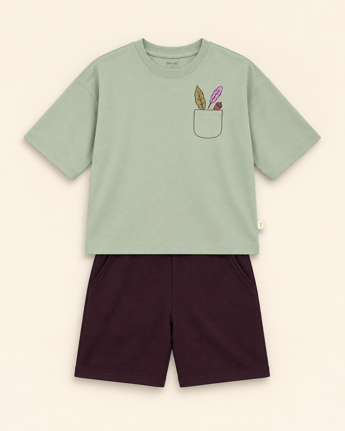 Sage Green Pocket Discovery Kids Coord Set with Coffee Brown Shorts — Full coord studio