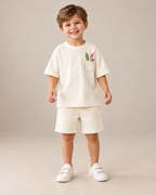 Cream Pocket Discovery Kids Coord Set with Cream Shorts — Model shot