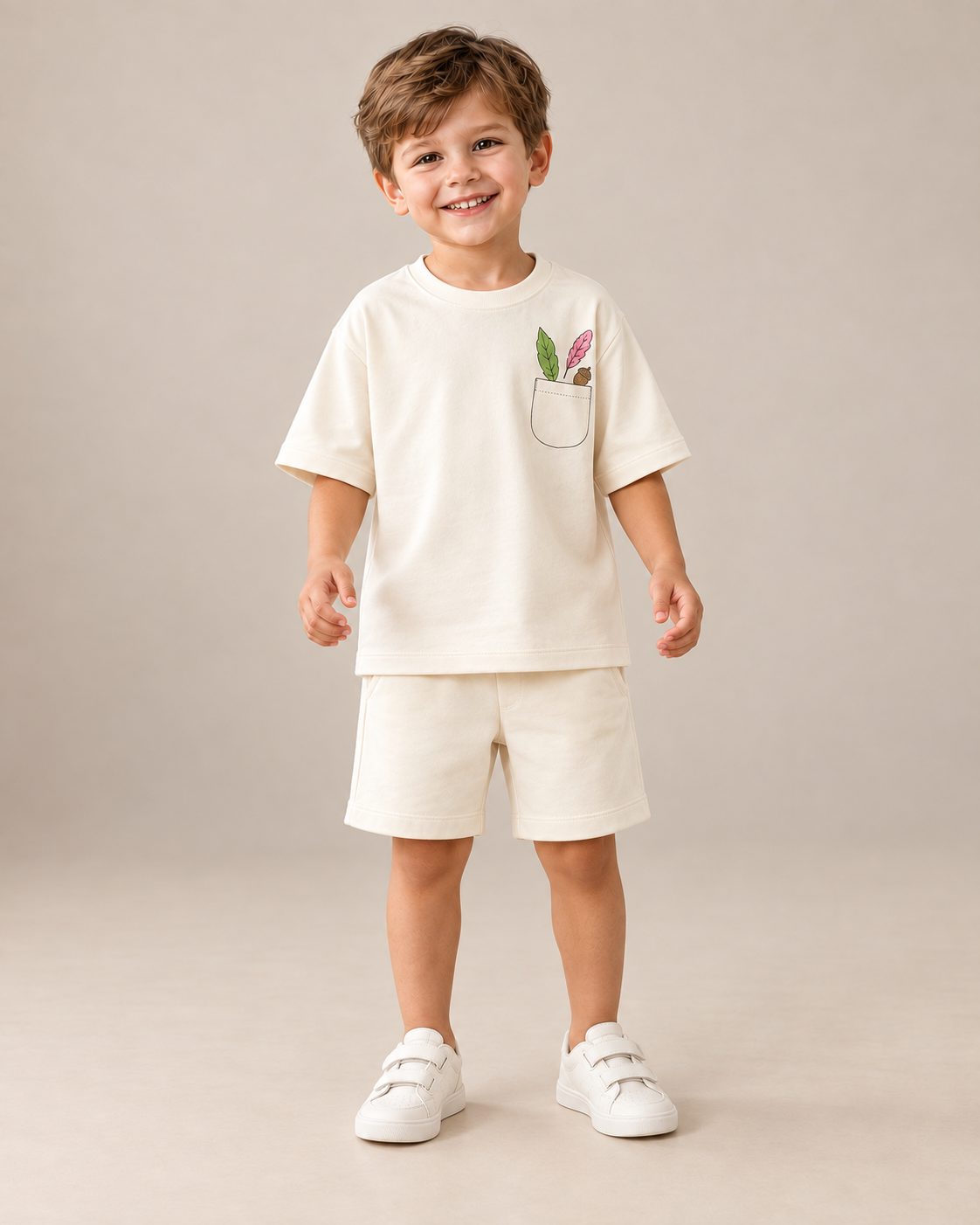 Cream Pocket Discovery Kids Coord Set with Cream Shorts — Model shot