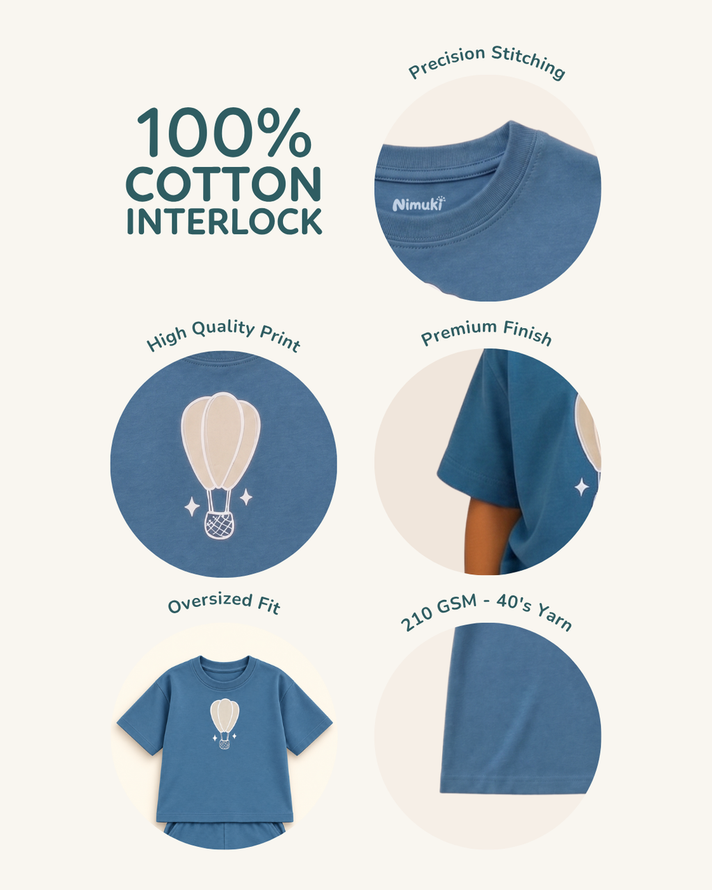 Teal Blue Hot Air Balloon Kids Coord Set with Teal Blue Shorts — Fabric/detail infographic