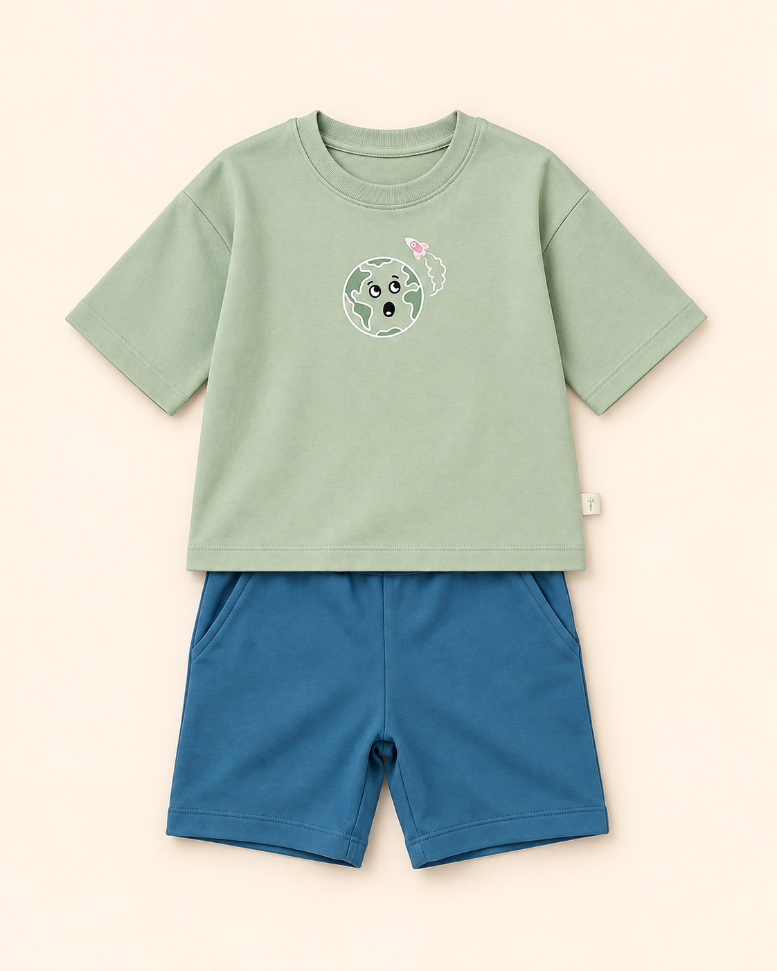 Sage Green Planet Explorer Kids Coord Set with Teal Blue Shorts — Full coord studio