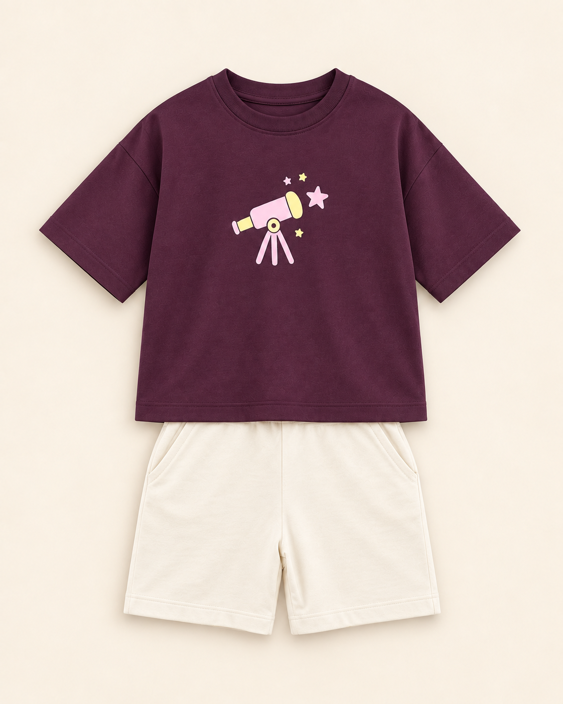 Coffee Brown Stargazer Telescope Kids Coord Set with Cream Shorts — Full coord studio