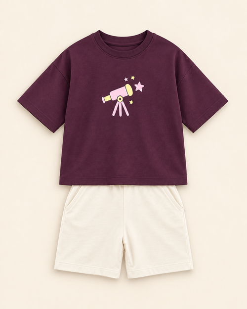 Coffee Brown Stargazer Telescope Kids Coord Set with Cream Shorts — Full coord studio