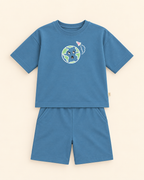 Teal Blue Planet Explorer Kids Coord Set with Teal Blue Shorts — Full coord studio