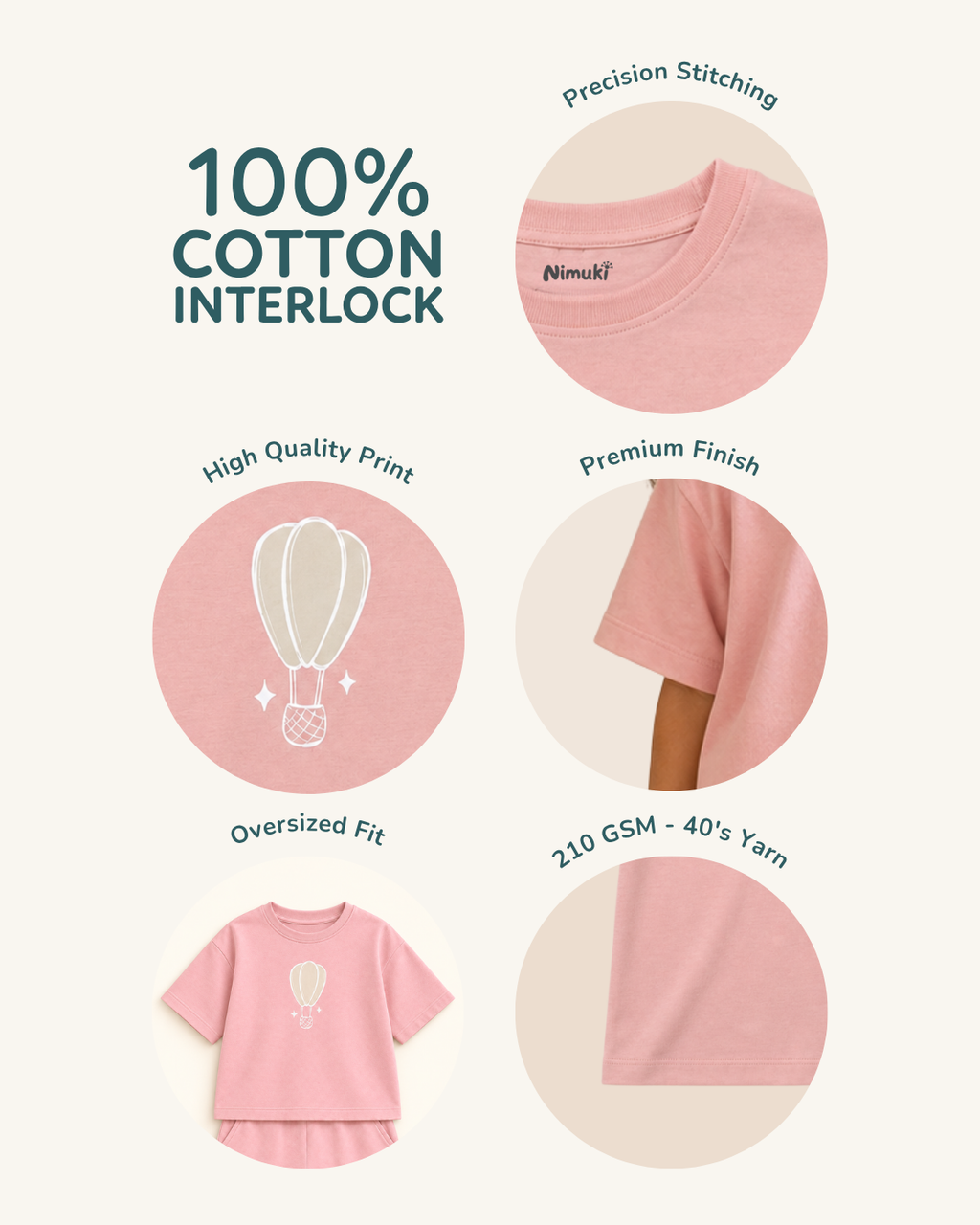 Peach Hot Air Balloon Kids Coord Set with Peach Shorts — Fabric/detail infographic