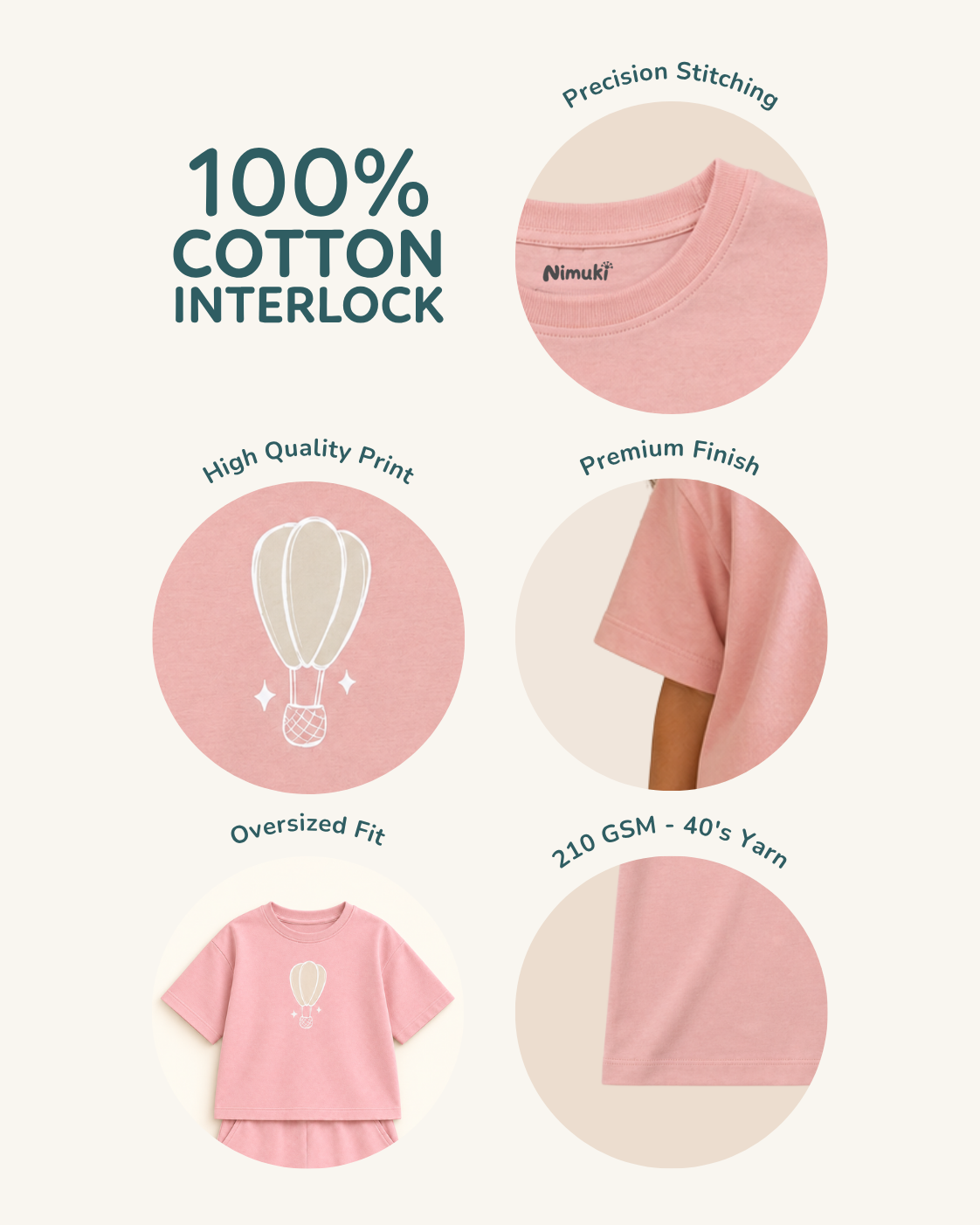 Peach Hot Air Balloon Kids Coord Set with Peach Shorts — Fabric/detail infographic