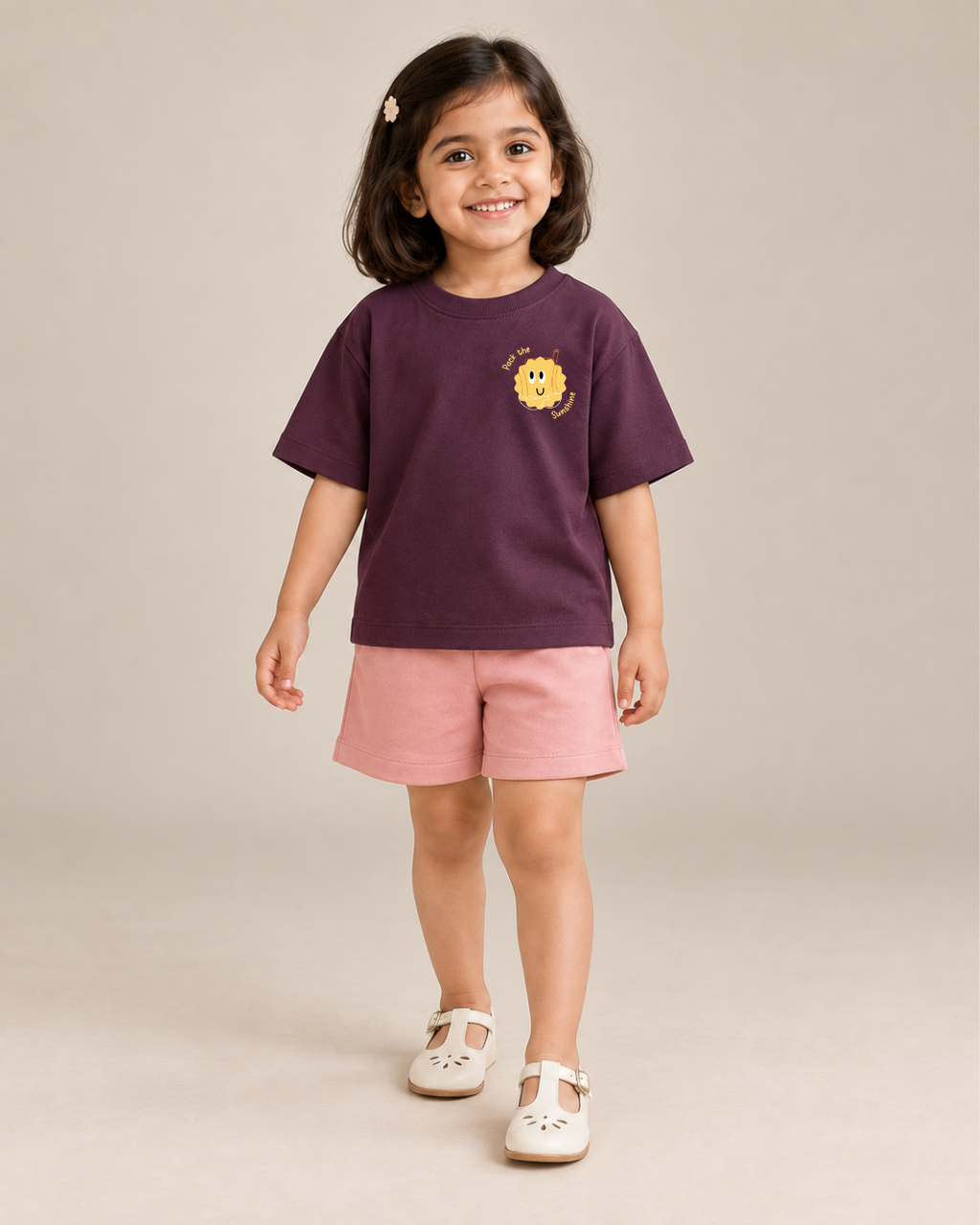 Coffee Brown Pocket Sunshine Kids Coord Set with Peach Shorts — Model shot