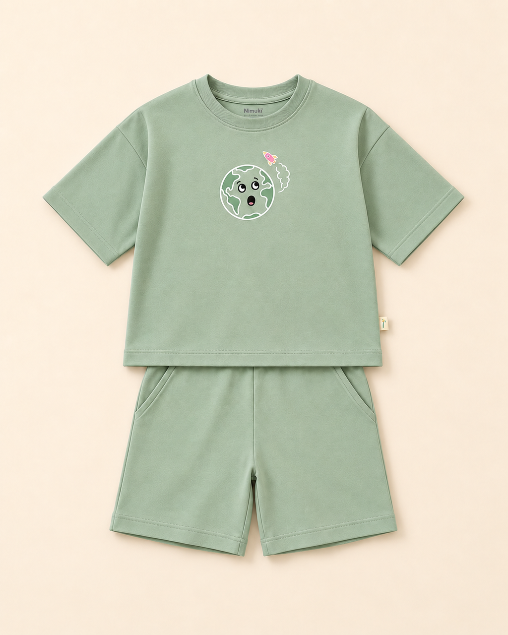 Sage Green Planet Explorer Kids Coord Set with Sage Green Shorts — Full coord studio