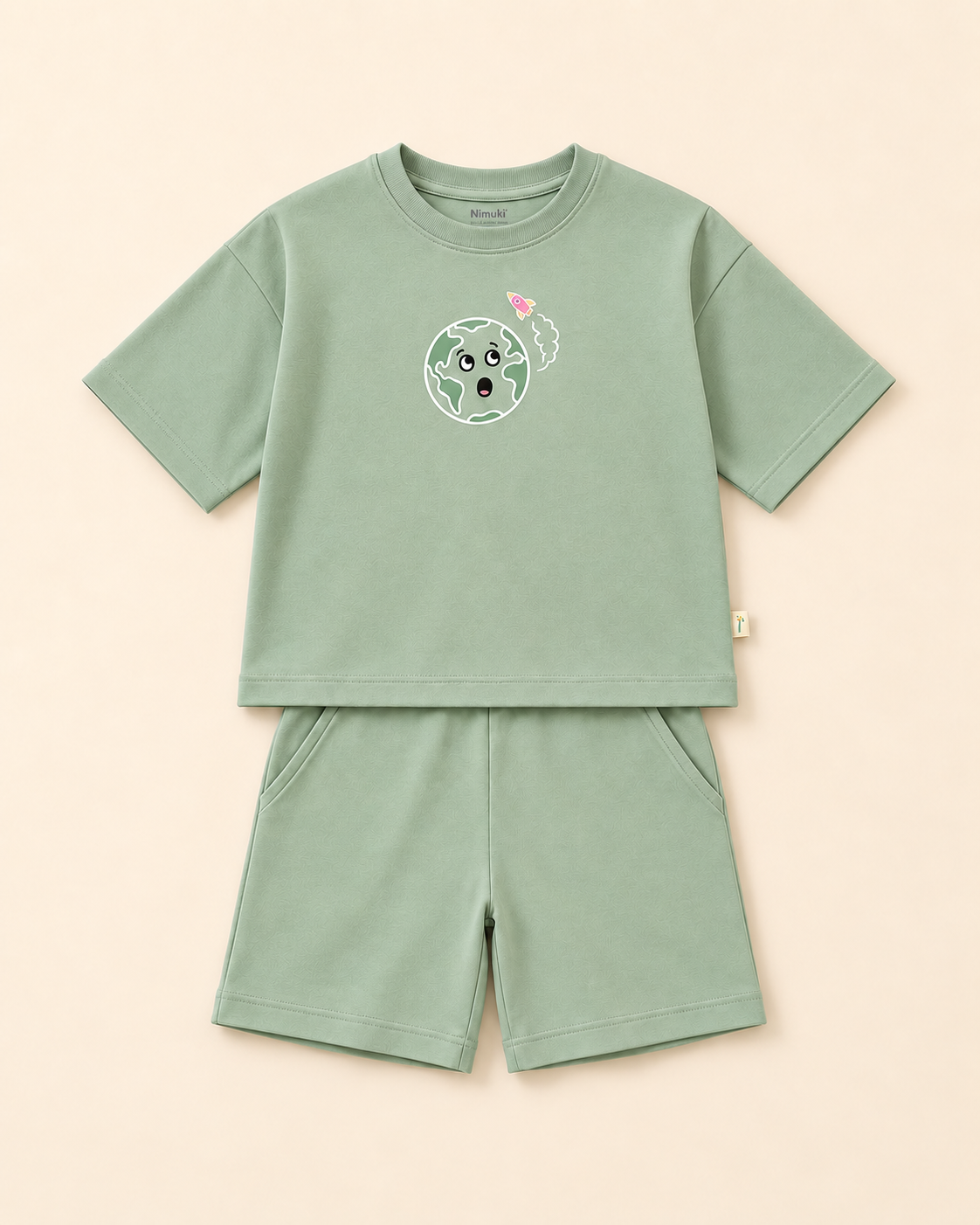 Sage Green Planet Explorer Kids Coord Set with Sage Green Shorts — Full coord studio