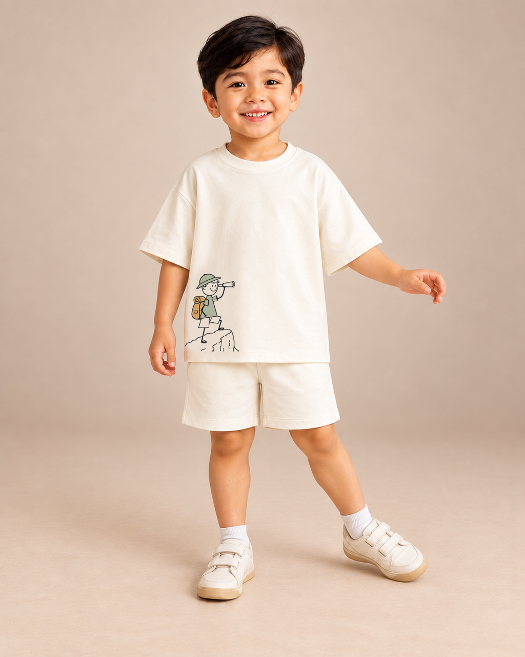 Cream Little Explorer Kids Coord Set with Cream Shorts — Model shot