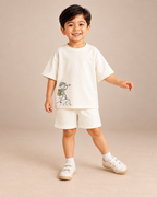 Cream Little Explorer Kids Coord Set with Cream Shorts — Model shot