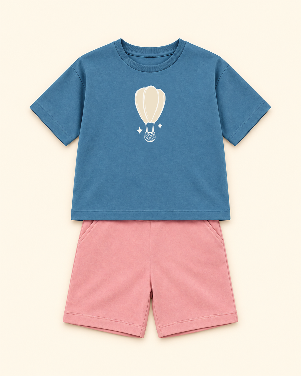 Teal Blue Hot Air Balloon Kids Coord Set with Peach Shorts — Full coord studio