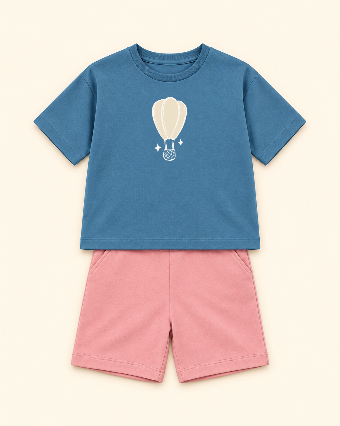 Teal Blue Hot Air Balloon Kids Coord Set with Peach Shorts — Full coord studio