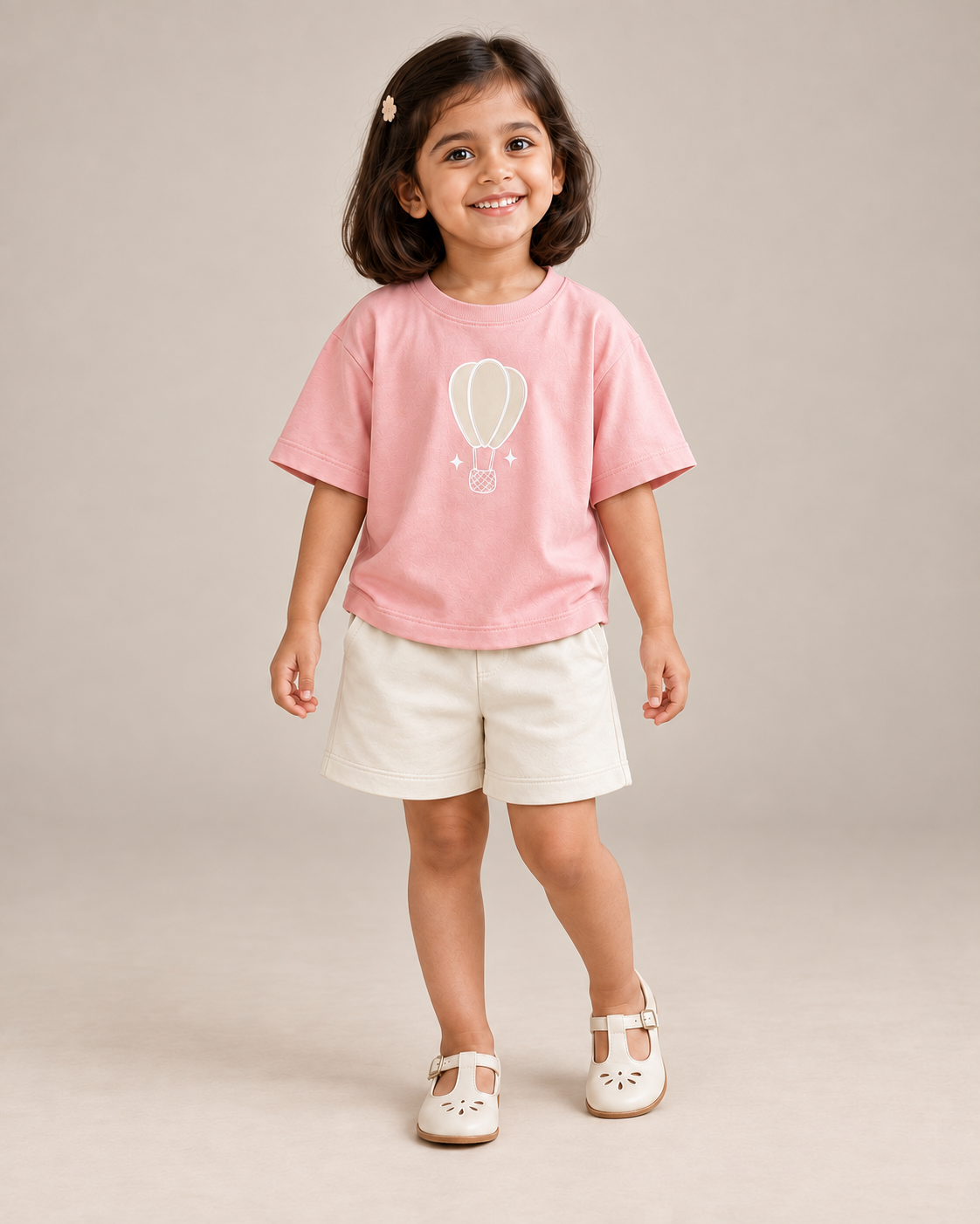 Peach Hot Air Balloon Kids Coord Set with Cream Shorts — Model shot
