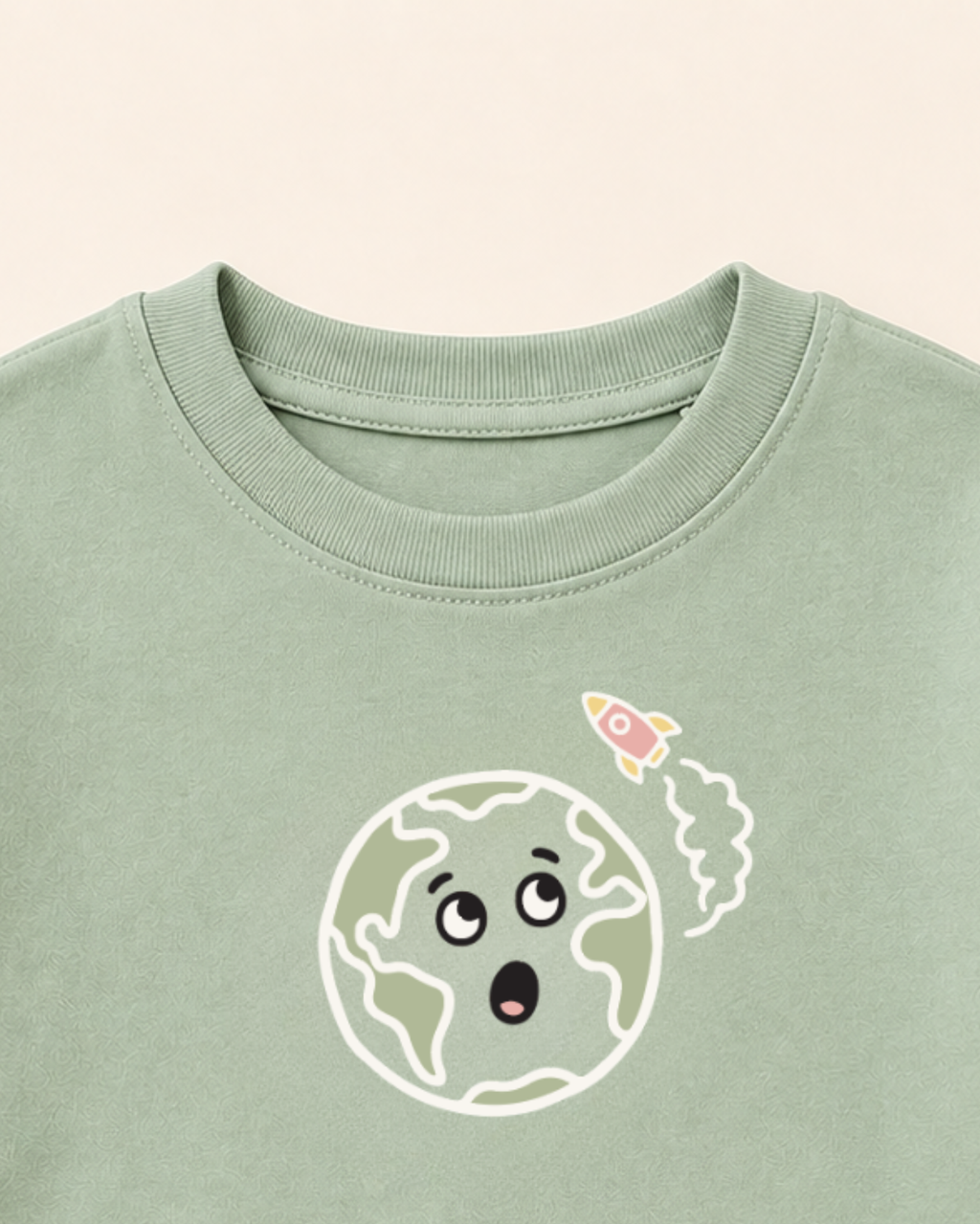 Sage Green Planet Explorer Kids Coord Set with Teal Blue Shorts — Print detail