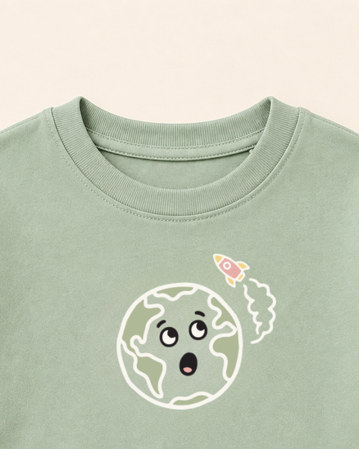 Sage Green Planet Explorer Kids Coord Set with Teal Blue Shorts — Print detail
