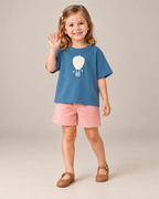 Teal Blue Hot Air Balloon Kids Coord Set with Peach Shorts — Model shot
