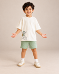 Cream Little Explorer Kids Coord Set with Sage Green Shorts — Model shot