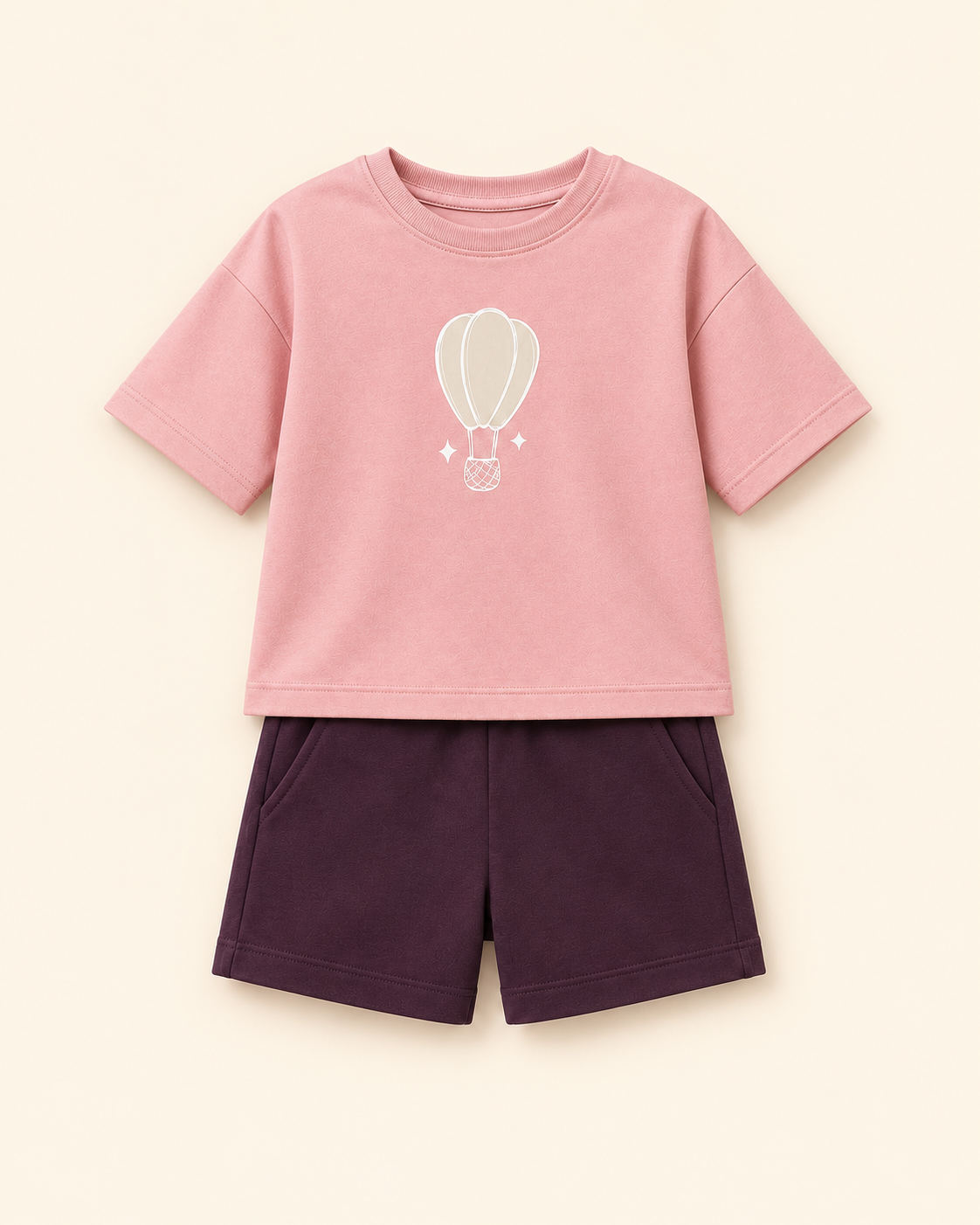 Peach Hot Air Balloon Kids Coord Set with Coffee Brown Shorts — Full coord studio