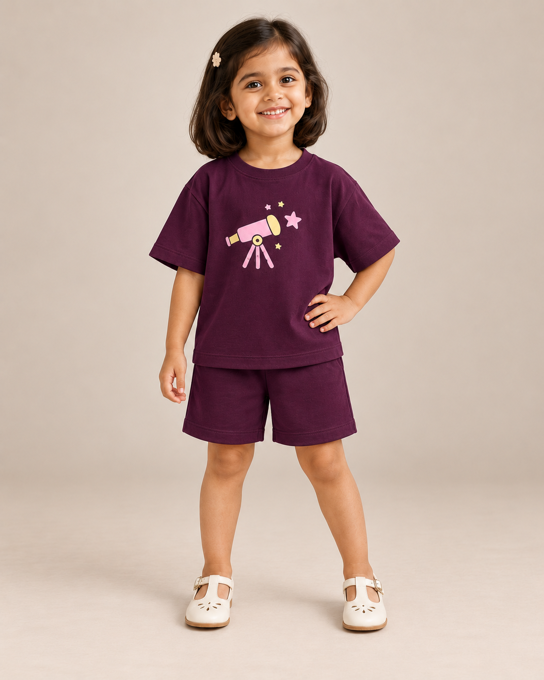 Coffee Brown Stargazer Telescope Kids Coord Set with Coffee Brown Shorts — Model shot