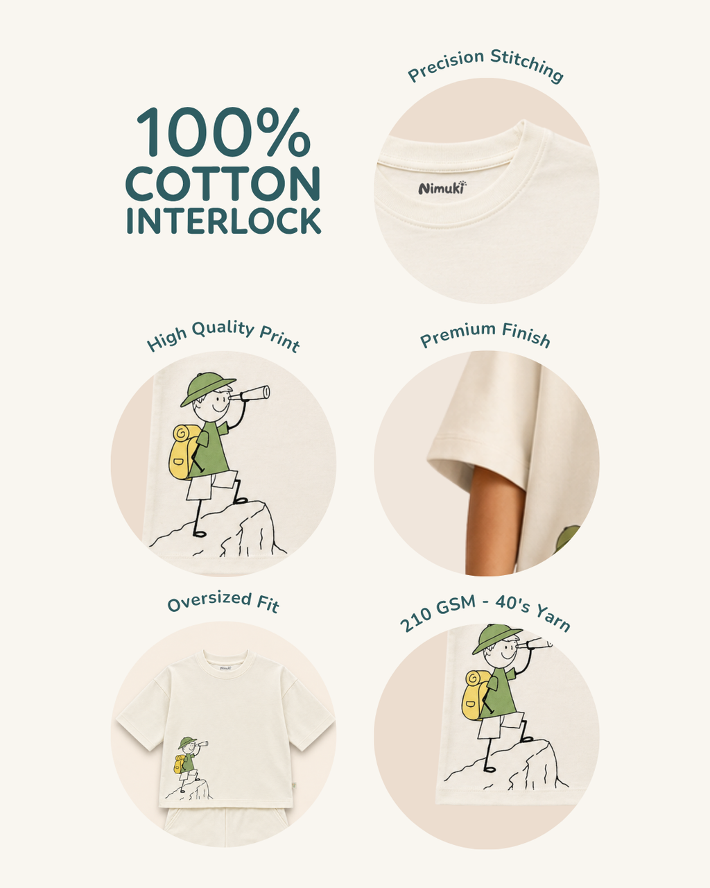 Cream Little Explorer Kids Coord Set with Cream Shorts — Fabric/detail infographic