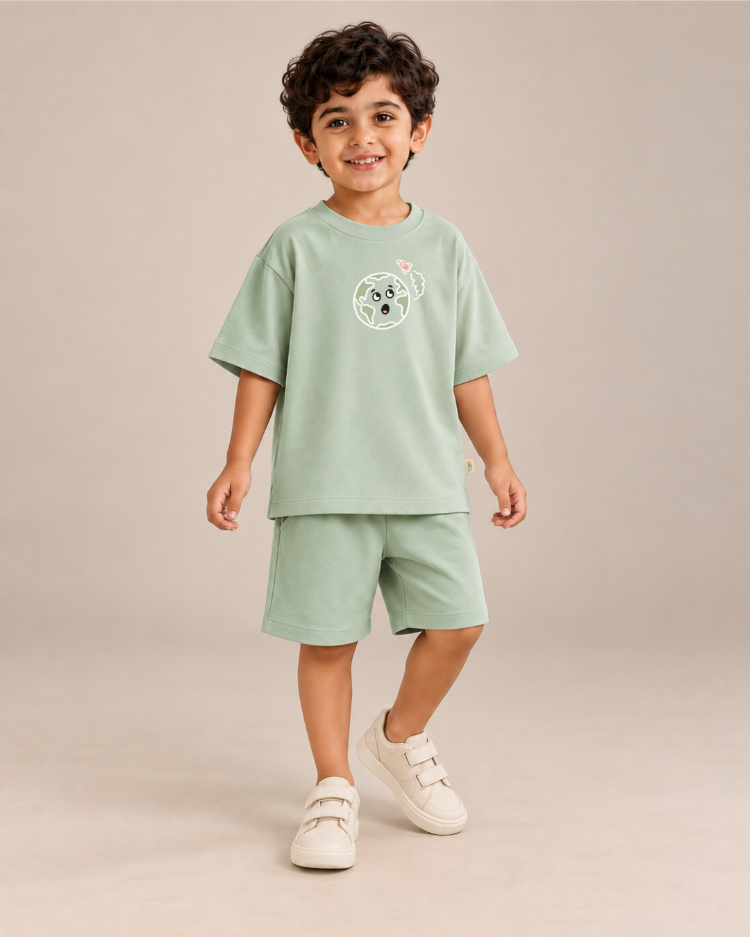 Sage Green Planet Explorer Kids Coord Set with Sage Green Shorts — Model shot