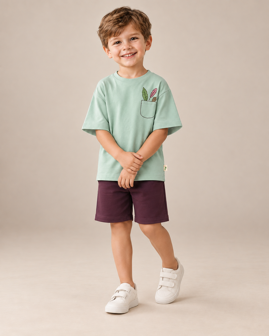 Sage Green Pocket Discovery Kids Coord Set with Coffee Brown Shorts — Model shot