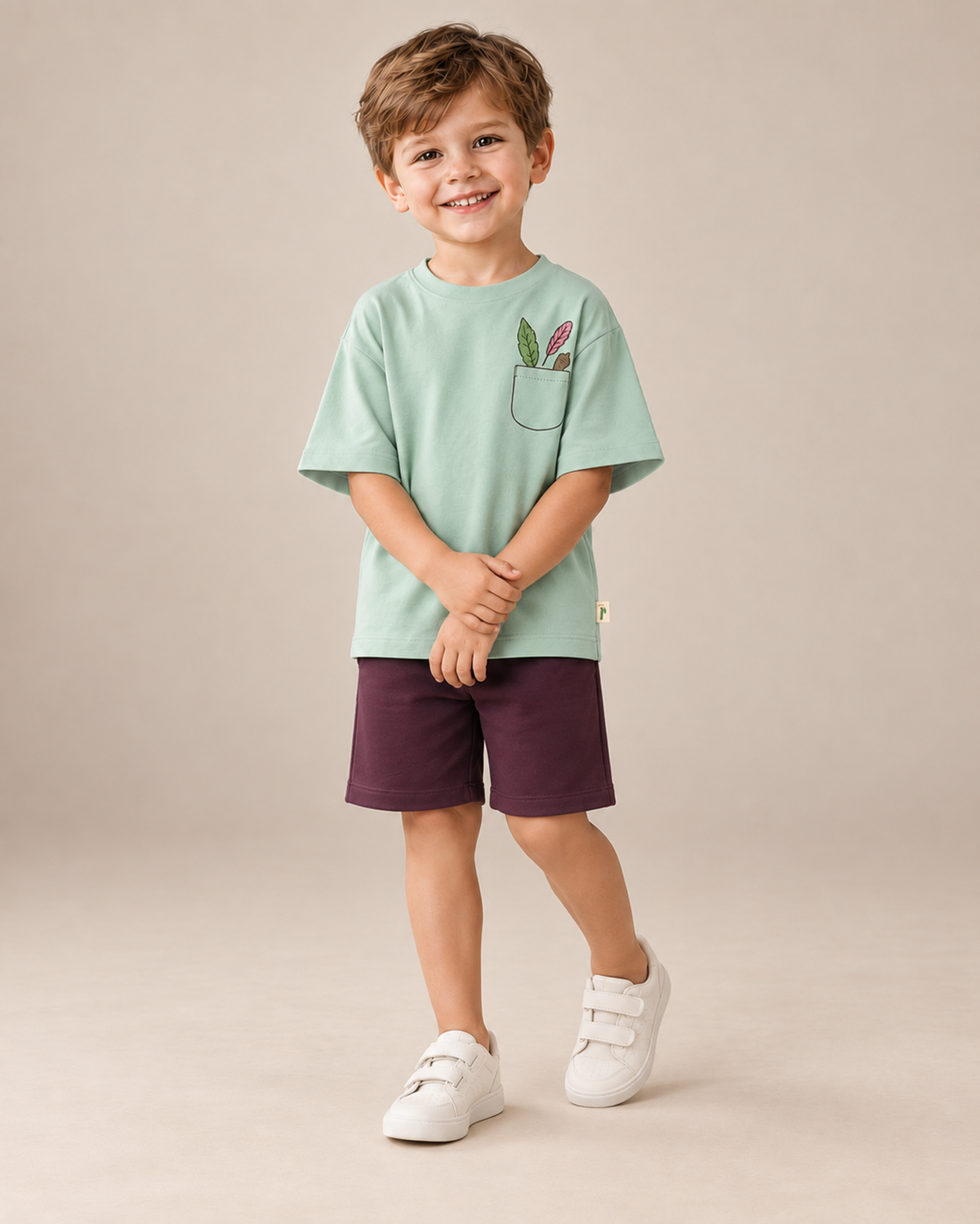 Sage Green Pocket Discovery Kids Coord Set with Coffee Brown Shorts — Model shot