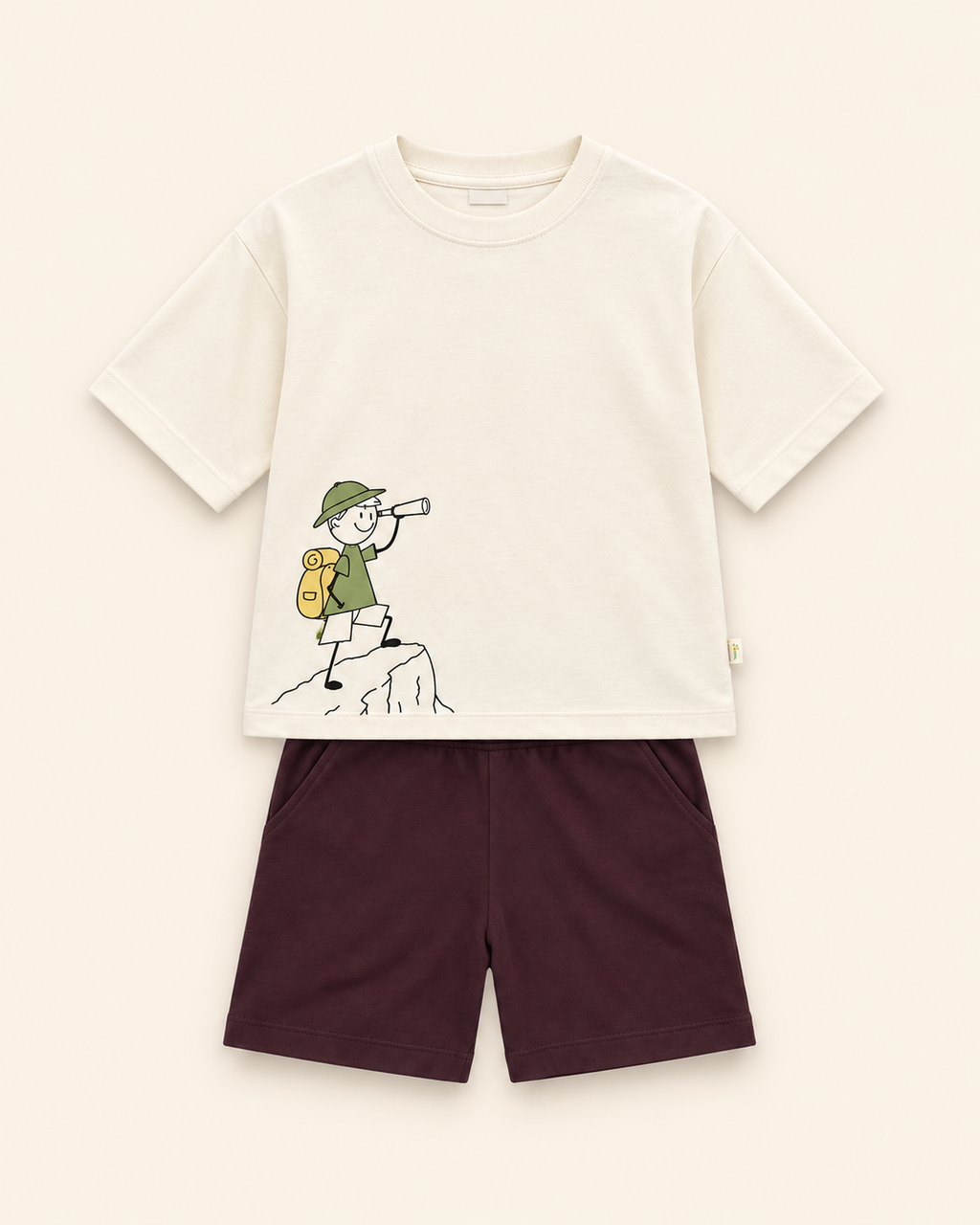 Cream Little Explorer Kids Coord Set with Coffee Brown Shorts — Full coord studio
