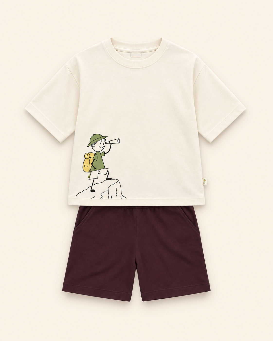 Cream Little Explorer Kids Coord Set with Coffee Brown Shorts — Full coord studio