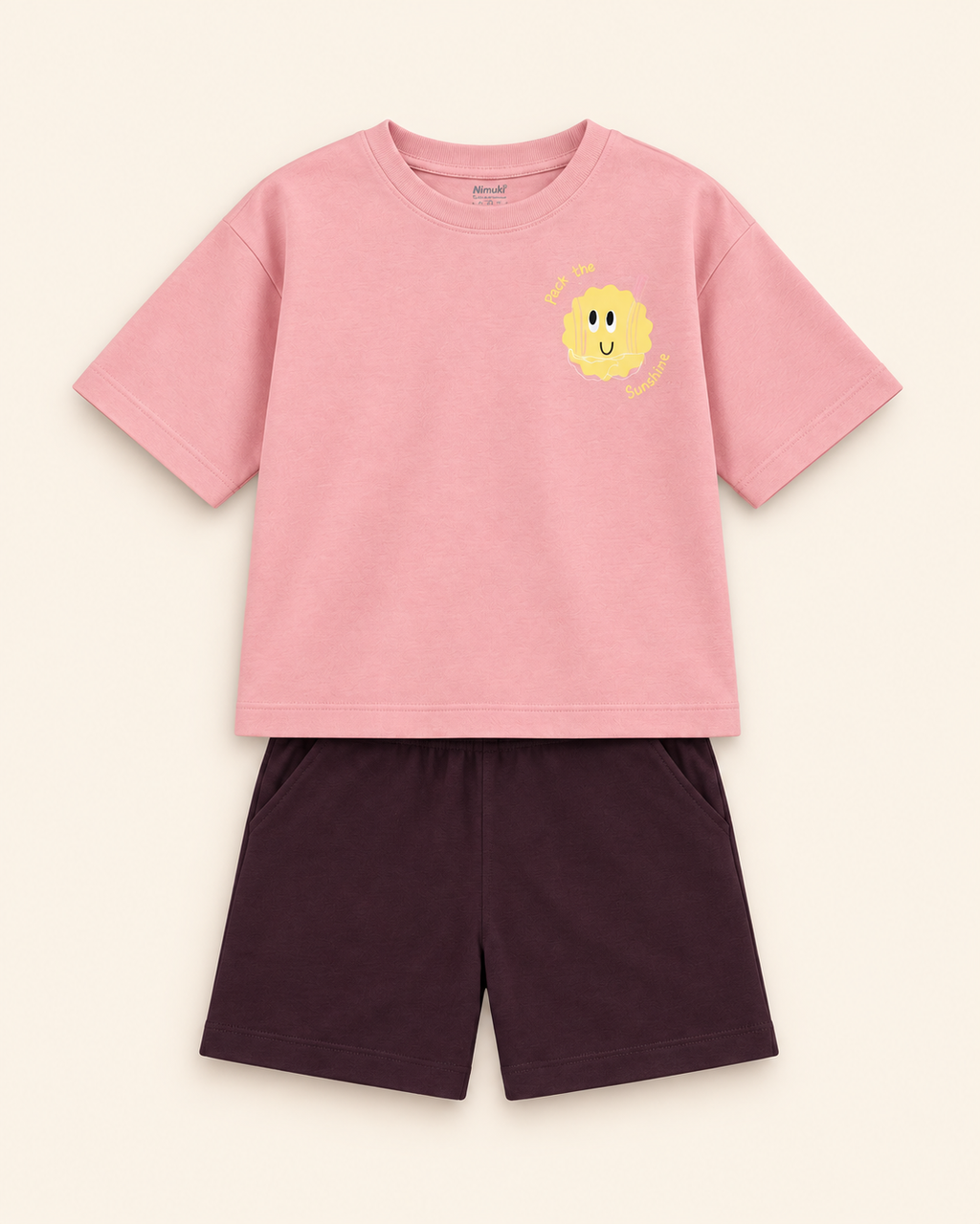Peach Pocket Sunshine Kids Coord Set with Coffee Brown Shorts — Full coord studio